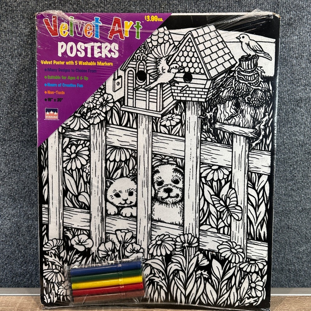 VTG Velvet Art Poster Starline Puppy Kitty 16x20 Fuzzy Coloring Kit NEW